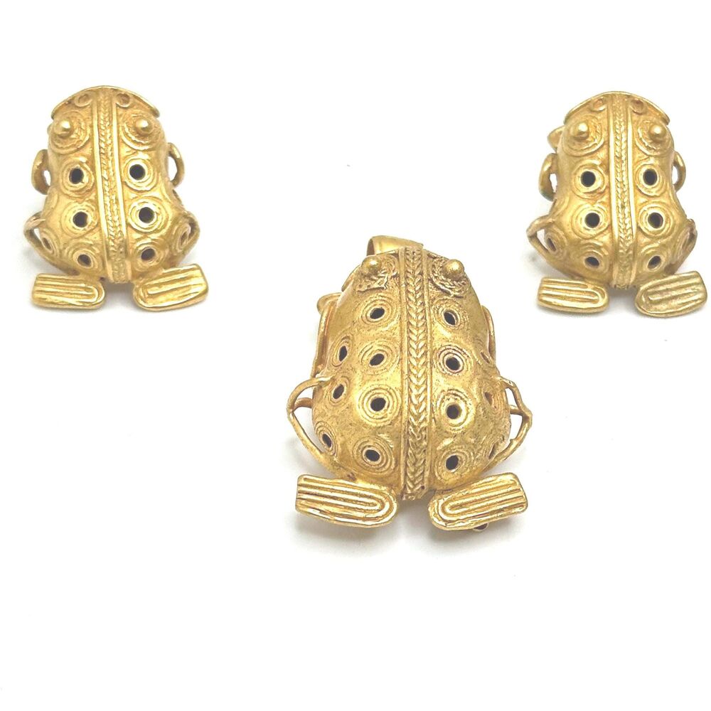 10K and 18K Yellow Gold  Wiring Vermeil Wash Frog Pendant/Brooch  Earrings Set
